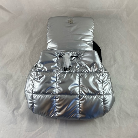 DKNY Giania Metallic Silver Women\'s Backpack Puffy Puffer NWT 11” Tall, 11” Wide